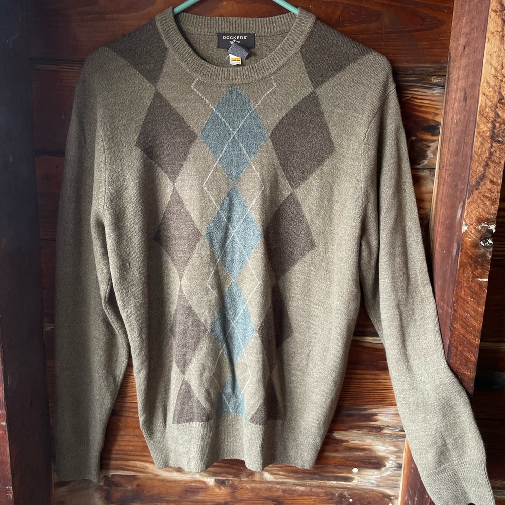 Dockers Acrylic Brown Blue Argyle Sweater Crew Neck